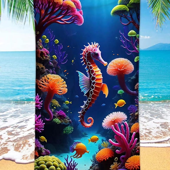 1pc Ocean Animal Seahorse & Coral Pattern Printed Soft Beach Towel, Suitable For Swimming Camping And Vacation, Great For Yoga