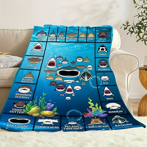 1pc Ocean Exploration Flannel Blanket - Soft & Warm Blue Marine Life Theme with Whale Shark, Hammerhead & Angelfish - Educational Animal Print for Camping, Travel