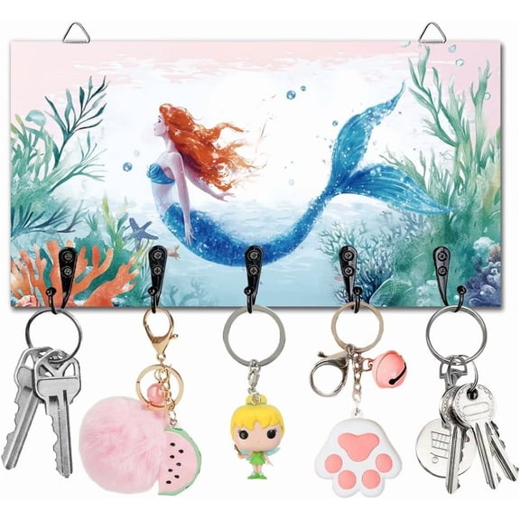 1pc Ocean Key Holder Wall Mounted Wooden Keys Racks Storage Organizer Hanger with 5 Key Hooks House Keys Holder for Wall Decor Door Entryway Hallway Kitchen New Home Gift Colorful