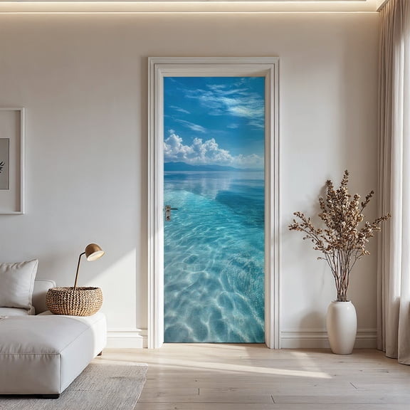 1pc Ocean Scenery Peel and Stick Door Sticker - Self-Adhesive Removable PVC Vinyl Decal with Turquoise Blue & White Coastal Design, Waterproof Easy to Apply/Remove, Smooth Surface Durable Wallpaper f