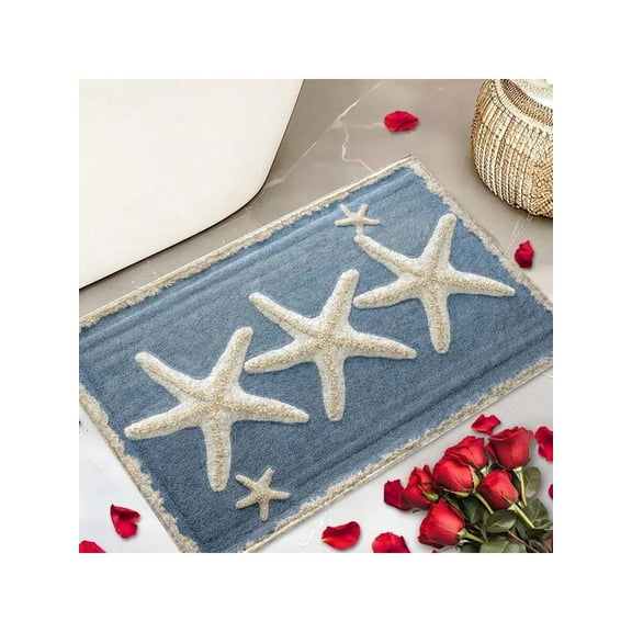 1pc Ocean Style Starfish Pattern Microfiber Bath Rug, Non-Slip Super Soft Bathroom Mat, Absorbent Doormat for Bathroom, Bedroom, Kitchen, Entryway, Machine Washable 40*60