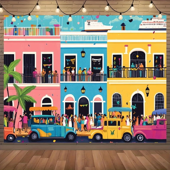 1pc Old San Juan Salsa Party Backdrop tapestry - Latin Dance Theme with Puerto Rico Landmarks, - Suitable for Parties, Studio Background, Room & Garden Decor - No Electricity Needed