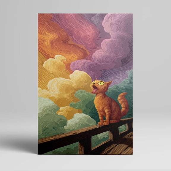8x12inchx1pcs Orange Cat Sitting on Wooden Bridge Framed Wall Art