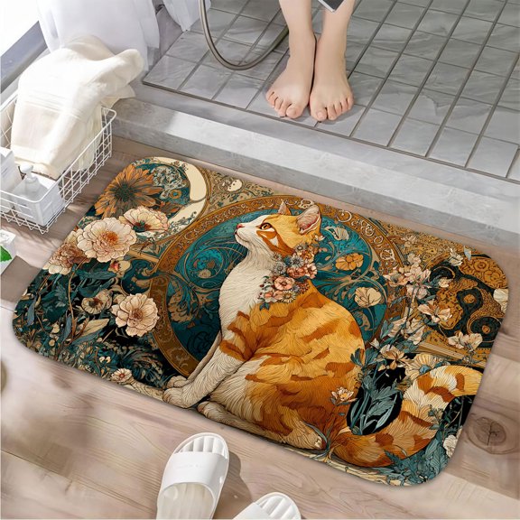 1pc Orange and White Cat among Absorbent Non-Slip Bathroom Thickened Flannel Rug Decor,Soft,Quick Drying,Suitable For Indoor/outdoor Use,Bathrooms,Bedrooms,Kitchens,Terrace,Laundry Rooms,16"x24"