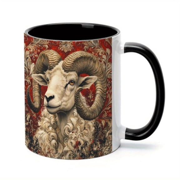 1pc Ornate Ram Mug 11oz Handcrafted Ceramic Red Golden Design Ideal Holiday Birthday Christmas Summer Gifts Ram Mug