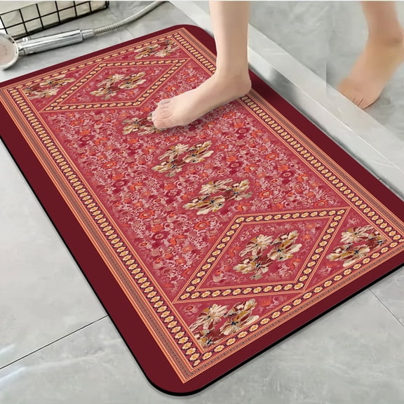 1pc Ornate Red Gold Floral Rug Bathroom Rug Bathroom Decor and Accessories- Durable,Anti Slip,And Quick Drying,Suitable For Indoor/outdoor Use - Perfect For Bathrooms,Bedrooms,Kitchens