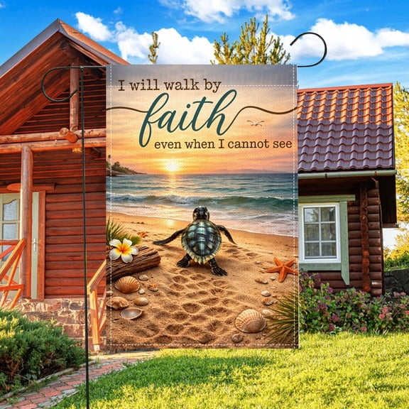1pc Outdoor Garden Flag Walk By Faith Inspirational Quote, Double Sided Sea Turtle Beach Sunset Print 12x18 Inch Yard Decoration, Summer Patio Party Decor