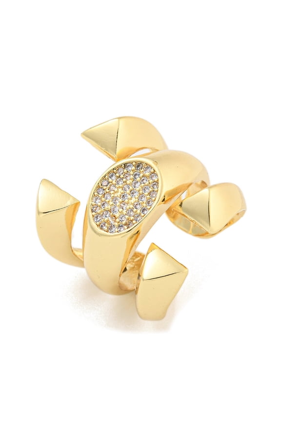 1pc Oval Clear Cubic Zirconia Open Cuff Ring Brass Wide Finger Rings for Women golden 22.5mm