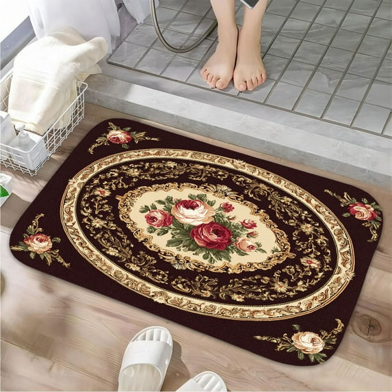 1pc Oval Floral Pattern Carpet Absorbent Non-Slip Bathroom Thickened Flannel Rug Decor,Soft,Quick Drying,Suitable For Indoor/outdoor Use,Bathrooms,Bedrooms,Kitchens,Terrace,Laundry Rooms,16"x24"