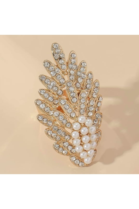 1pc Oval Plastic Imitation Pearl & Rhinestones Finger Rings Alloy Adjustable Rings Light golden