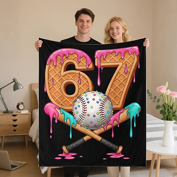 1pc Oversized 50"x60" Funny 67 Meme Baseball and 67 Number Design Flannel Blanket Soft Lightweight All Season Throw with Pink Drip Baseball Bat Pattern for Bed Sofa Travel Cozy Gift for Fans