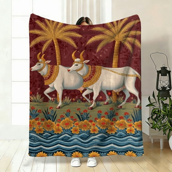 1pc Oxen with Palm Trees Used for Sofa, Bedroom, Living Room, Bed, Couch, Chair Soft and Warm Blanket-Lightweight Flannel, Gifts for Family or Friends.