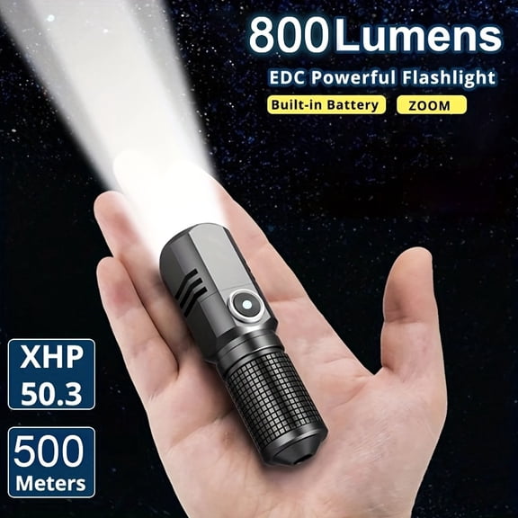 1pc P50 LED USB C Rechargeable Mini Flashlight, 800lm Powerful Zoomable Flashlight, Can Be Turned Off with One Click, 3 Mode, Tyep C Cable Charging