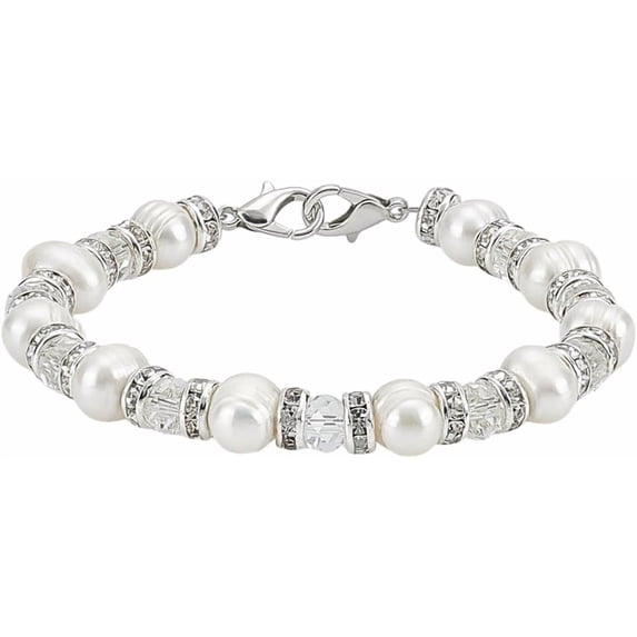 1pc PH Freshwater Pearl Bracelets 7 Inch Medical Alert ID Interchangeable Bracelet 8mm Glass Bead Bangles Cultured Pearl Bracelet with Rhinestone Beads for Women Jewelry Bracelets Replacement Silver