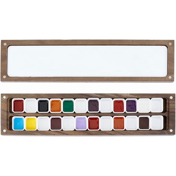 1pc PH Wooden Watercolor Palette 24 Grids Empty Watercolor Paint Tray with Lid Walnut Paint Palette Travel Painting Box Art Case for Painters Students Adult Studio Home Outdoor Camel Brown