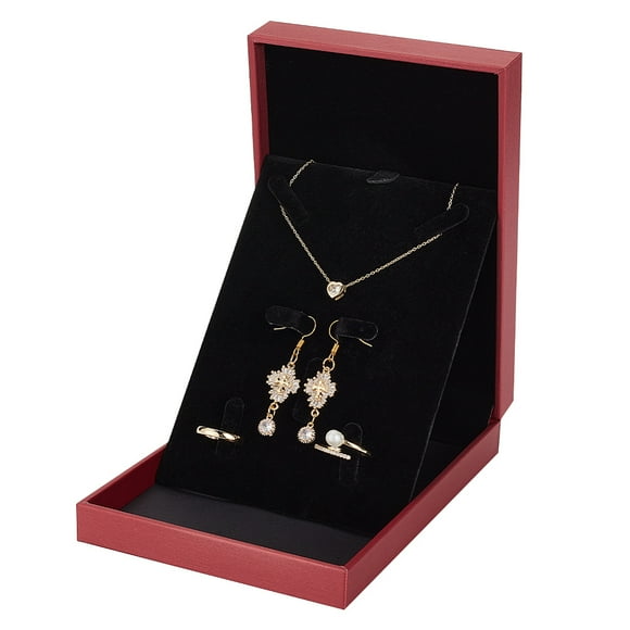 1pc PU Leather Necklace Gift box Velvet Jewelry set box Dark Red Storage box Wedding Jewelry Storage Holder Display Case for Women Jewelry Necklace Earring Ring 6.3x4.5x1.4 inch