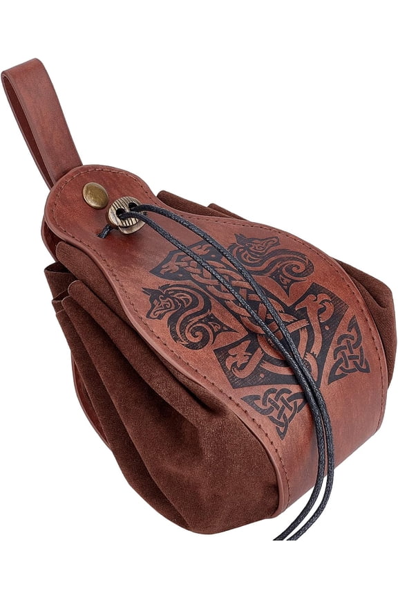 1pc PU Leather & Suede Fabric Belt Pouch Waist Bag with Drawstring Chru Mace Pattern Coconut Brown 71cm