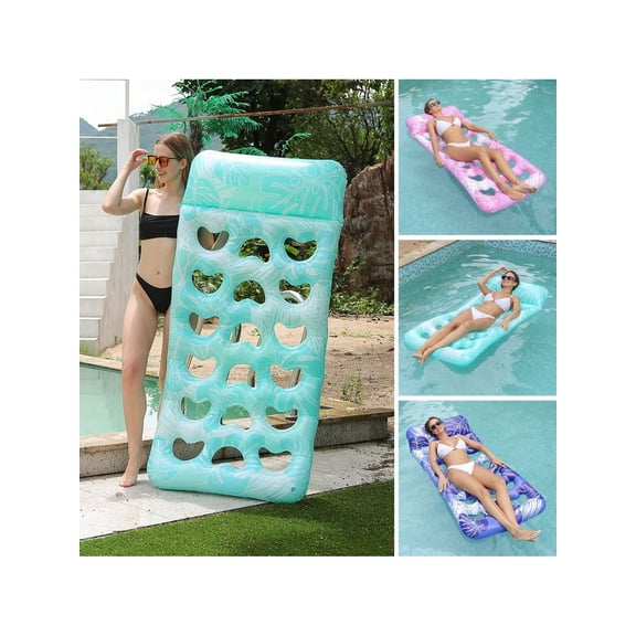 1pc PVC Pillow Hole Floating Drainage Chair, Printed Leaf Pattern, Recliner Chair Moon Long Floating Bed, Pool Float Beach Essentials, Blue