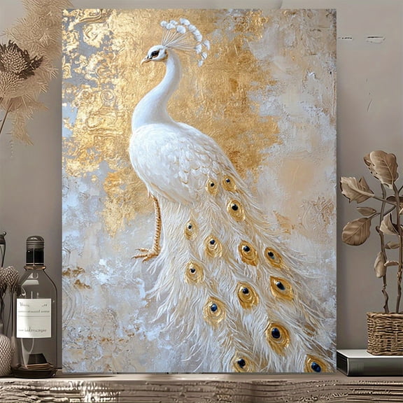 1pc, A Painting of a White Peacock on a Golden Background Wooden Frame Canvas Wall Art Modern Vintage Design, High Quality Printed Poster, Elegant Home Office Decor,