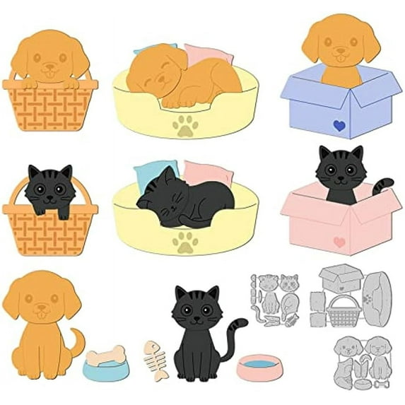 1pc Paper Box Cats and Dogs Cut Dies Pet Theme with Basket and Nest Embossing Stencil for Card Making 3D