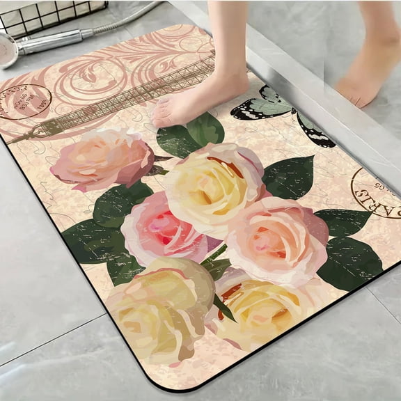 1pc Paris themed Rose Art Bathroom Rug Bathroom Decor and Accessories- Durable,Anti Slip,And Quick Drying,Suitable For Indoor/outdoor Use - Perfect For Bathrooms,Bedrooms,Kitchens