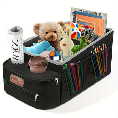 1pc Passenger Seat Organizer, Collapsible Car Storage Box with Partitions & 2 Cup Holders for Front Or Back Seat