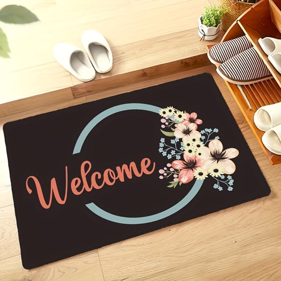 1pc Pastel Pink & Mint Green Welcome Floral Door Mat - Non-Slip Soft Absorbent Mat with Black Border & Welcome Lettering, Machine Washable Mat for Entryway, Bathroom, Kitchen, Pastel Turquoise