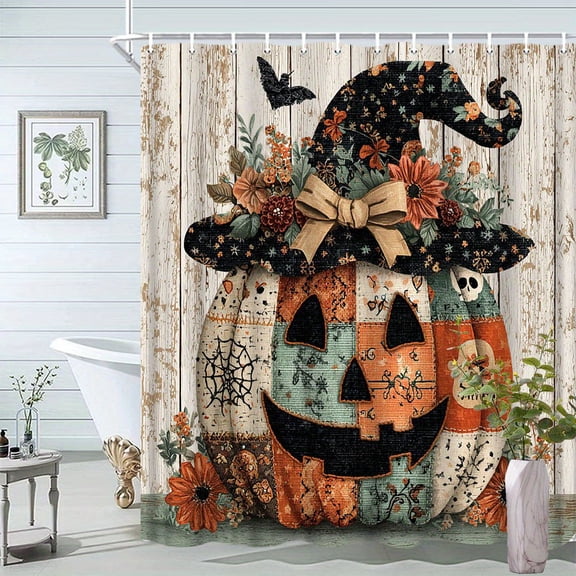 1pc Patchwork Pumpkin Shower Curtain Vintage Halloween Decor Fabric Jack O Lantern Witch Hat Bow Autumnal Flowers Distressed Wood Rustic Bat Bathroom Polyester with 12 Hooks 70. 86 x 70. 86 Inches