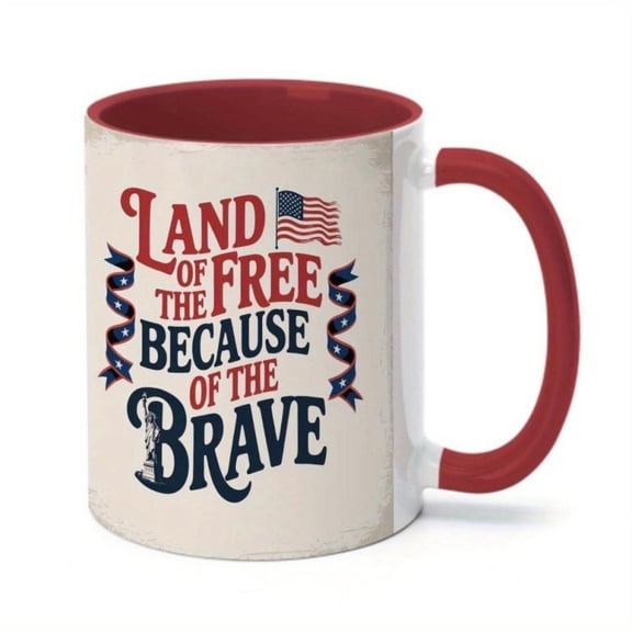 1pc Patriotic 11oz Ceramic Mug with Land of Because of Brave Design American Illustration Ideal Coffee Tea Christmas New Year Gifts Hand Wash Only Coffee Bar Accessories