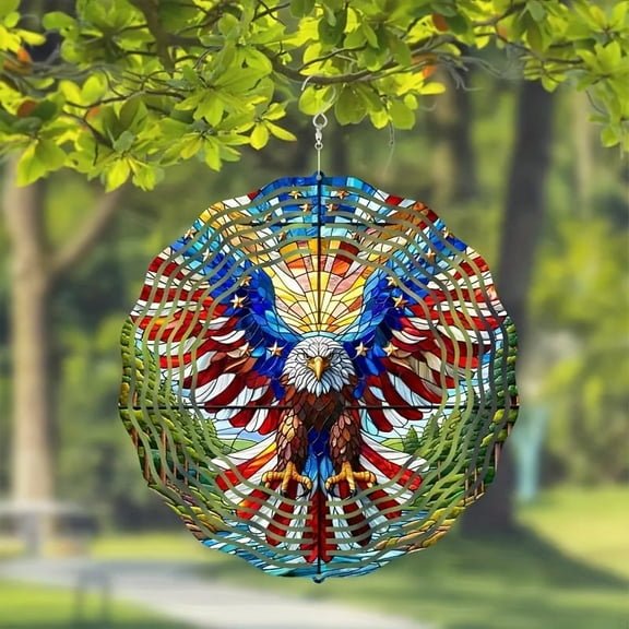1pc Patriotic Eagle Wind Spin Ornament, Colorful Bald Eagles 10 Inch Metal Hanging Kinetic 3D Decoration, Used For Independence Day And All Holidays, Yard And Garden American Flag Decoration,