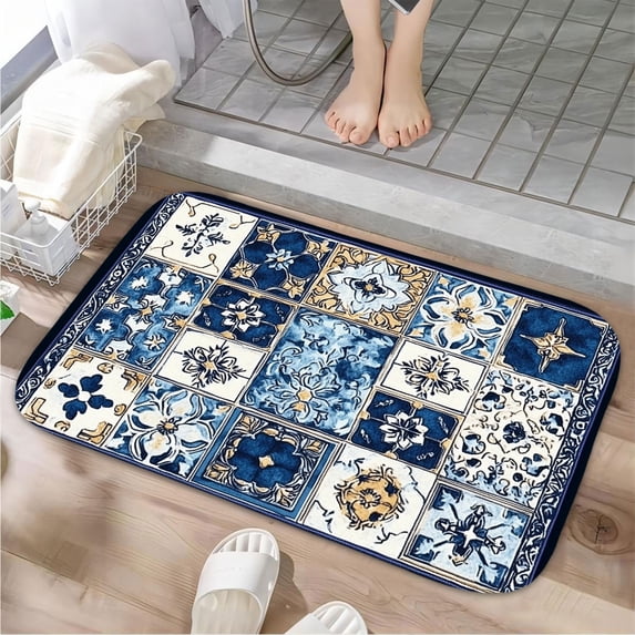 1pc Patterned Tile Design Absorbent Non-Slip Bathroom Thickened Flannel Rug Decor,Soft,Quick Drying,Suitable For Indoor/outdoor Use,Bathrooms,Bedrooms,Kitchens,Terrace,Laundry Rooms,16"x24"