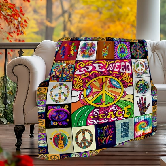 1pc Peace & Love Jacquard Flannel Throw Blanket, Cozy Soft All-Season Lightweight Travel Blanket, Machine Washable, Ideal for Camping - Uncharged