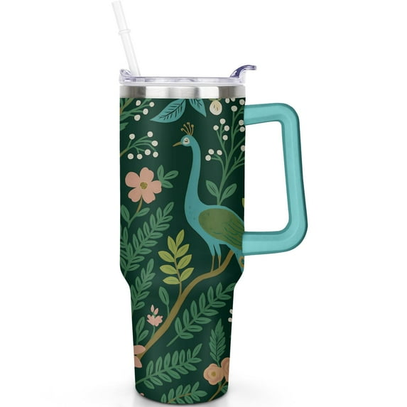 1pc Peacock Blue 40oz Tumbler with Straw & Handle - Insulated Stainless Steel Cup | Holiday Gift for Man Women (Christmas, Valentine's, Birthday)
