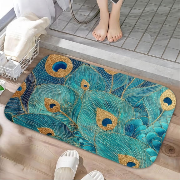 1pc Peacock Feathers Absorbent Non-Slip Bathroom Thickened Flannel Rug Decor,Soft,Quick Drying,Suitable For Indoor/outdoor Use,Bathrooms,Bedrooms,Kitchens,Terrace,Laundry Rooms,16"x24"