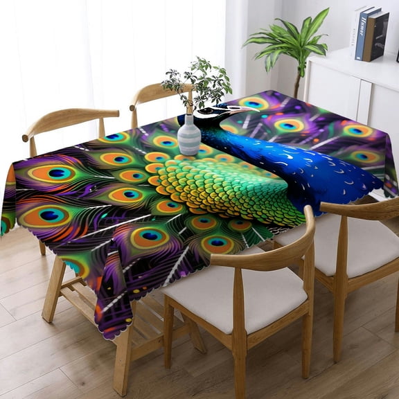 1pc Peacock Full Glory Print Rectangular Tablecloth, Festive Table Setting Holiday Party Tablecloth, Peacock Full Glory