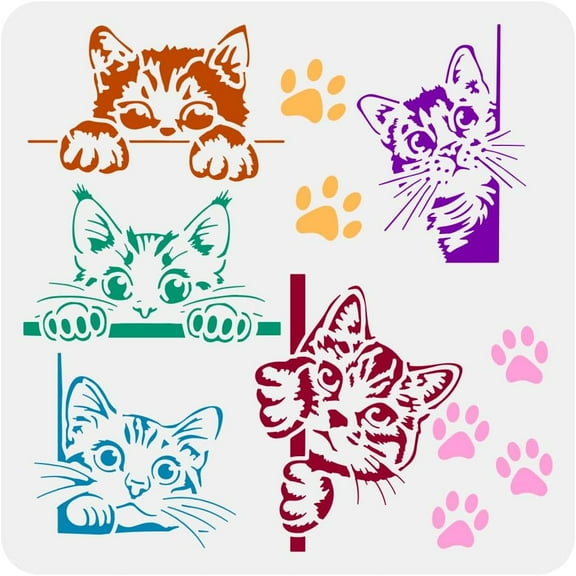 1pc Peeping Cat Painting Stencil 11.8x11.8 inch Cat Border Template Hollowed Cute Cats Stencil Large Cat Paw Prints Template Cat Footprint Stencil Animal Theme Template for DIY Crafts