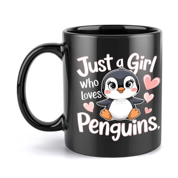 1pc Penguin Coffee Mug with Just a Girl Who Loves Penguins Text Cute Penguin Cup Black Ceramic Cup with Hearts 11oz Hot Cold Beverage Cup Women Birthday Christmas New Year Penguin