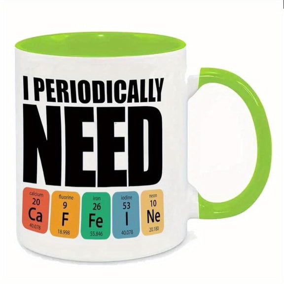 1pc Periodic Table of Elements Coffee Mug 11oz White Ceramic Cup with Colorful Periodic Table Design Green Handle Rim Fun Science Lovers Hand Wash Onl