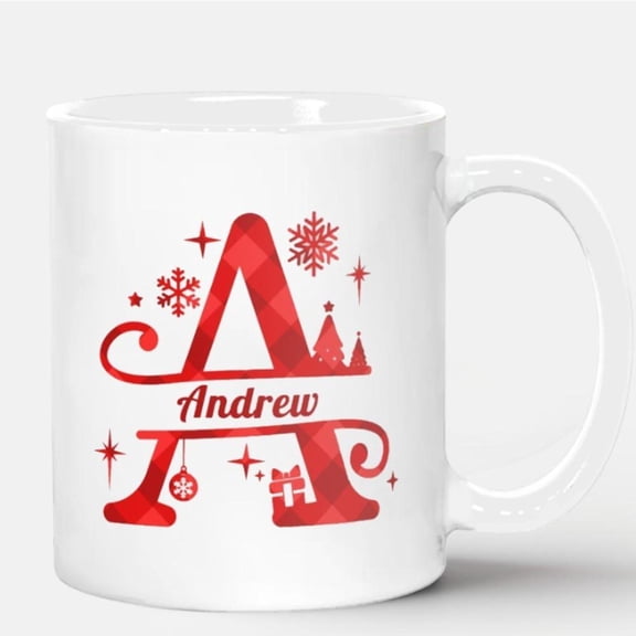 1pc Personalized Christmas Mug Custom Name Coffee Cup with Red Letter A Custom Text Design Elegant Cursive Font Ideal Christmas Birthday Anniversary F