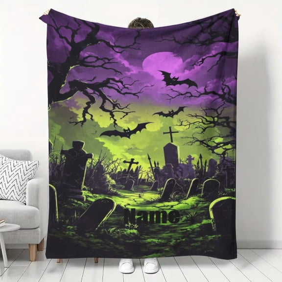 1pc Personalized Gothic Cemetery Blanket - Custom Name, Halloween Throw with Graveyard, Bats & Full Moon Design - Soft Flannel Sofa, Bed, or Gift - Machine Washable Spooky Decor for Horror Fans & Hal