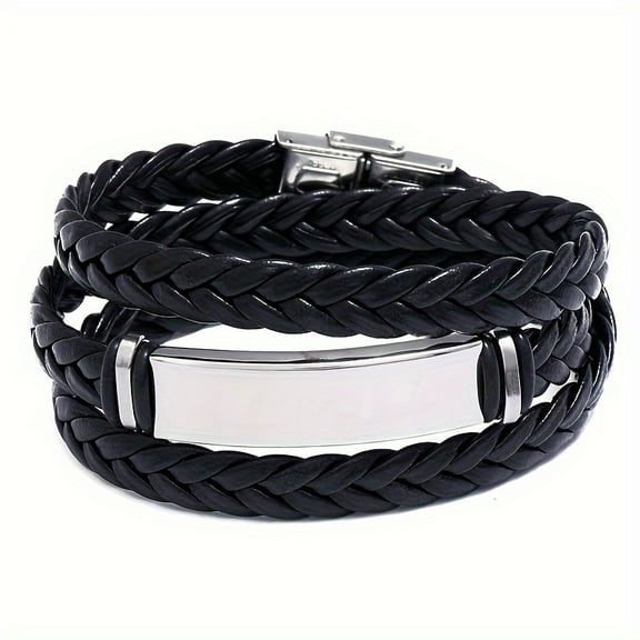 1pc Personalized Men's Faux Leather Bracelet, Custom Engraved Name ID Tag, Layered Wrap Design, Funky Style, Ideal Gift for Dad, Husband, Boyfriend - No Magnetic Clasp, Men's Fashion