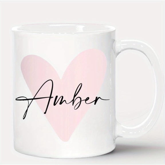 1pc Personalized Name Mug Pink Heart Design Custom Amber Name in Cursive 11oz White Ceramic Coffee Cup Valentine s Day Anniversary Her Couples or Coffee Lovers Coffee Bar Accessories