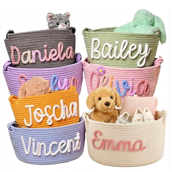 1pc Personalized Name Storage Basket, Custom Name Woven Toy Organizer Bin with Handles, Customized Gift for Birthday, Bedroom Decor