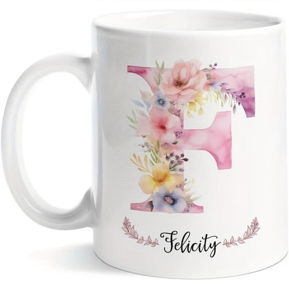 1pc Personalized Purple Floral Letter F Felicity Mug Elegant Ceramic Coffee Cup with Unique Handle Design Durable Reusable Washable Teacher Grandma Da