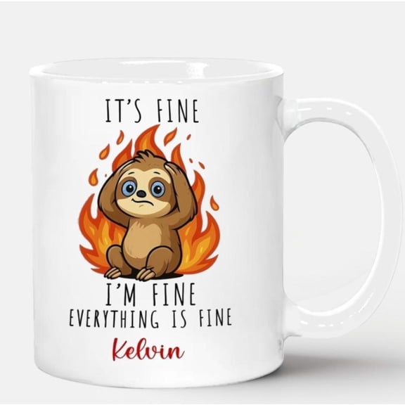 1pc Personalized Sloth Coffee Mug 11oz Custom Name Funny Ceramic Cup with It s Fine I m Fine Quote White Accent Coworker Friend Animal Lover 11oz Coff