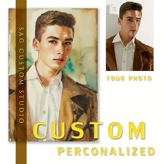 1pc Personalized Watercolor Portrait Canvas Wall Art, Customizable Polyester Fiber Photo Print, Wooden Frame Artwork, Suitable for General Home Decoration
