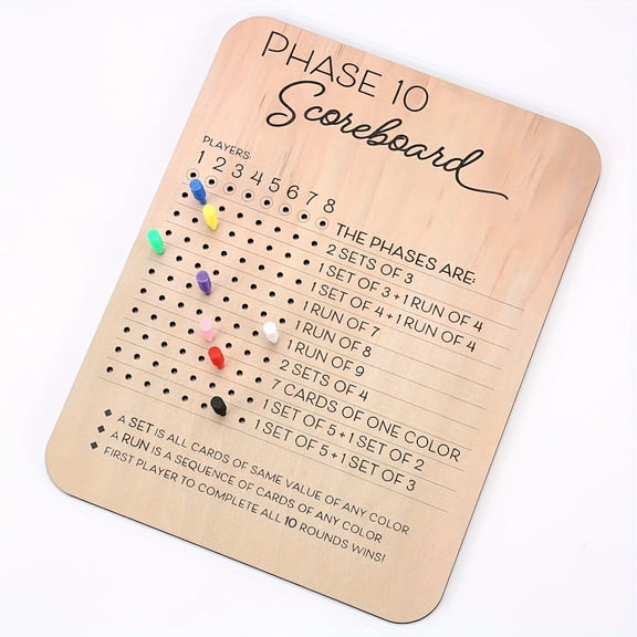 1pc Phase 10 Score Board, 2025 Wooden Phase 10 Scoreboard And Round Tracker, Phase 10 Score Sheets with 8 Colored Pegs, Fun Table Board Card Game Accessories for Party Family Game Night