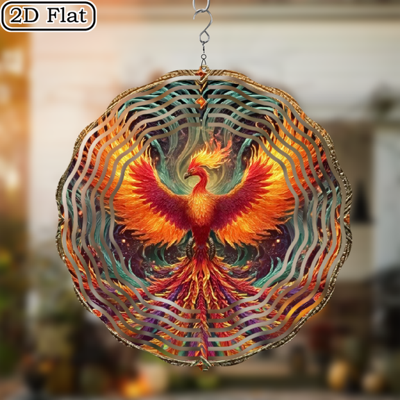 1pc Phoenix Mythical Creatures Design Wind Spinner Art 10 Inch -Sided Metal Garden Decor with Swivel Hook, Vibrant Orange Blue Phoenix Hanging Ornament for Yard, Porch, or Front Door, Garden Dec