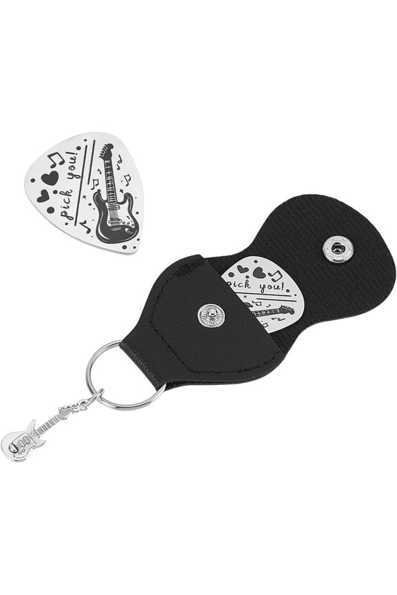 1pc Pick You Guitar Picks Gifts Stainless Steel Guitar Pick Keychain with PU Leather Case Plectrum Guitar Set Graduates Birthday Christmas Valentines Gifts