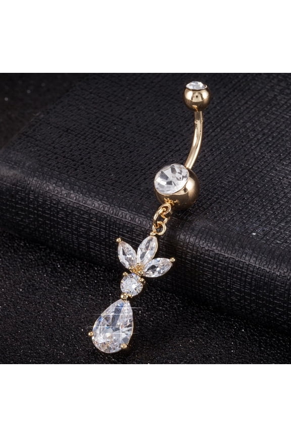 1pc Piercing Jewelry Brass Cubic Zirconia Navel Ring Belly Rings with 304 Stainless Steel Bar Cadmium Free Real 18K Gold Plated teardrop Clear 50x12mm
